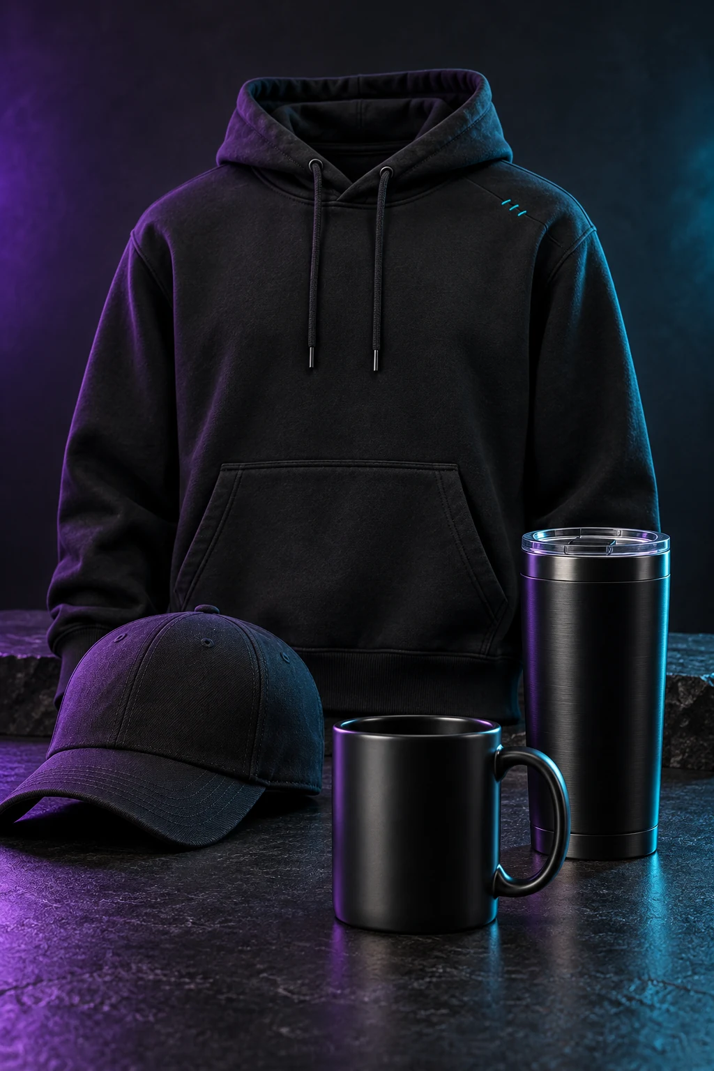 Illustrative custom hoodie, cap and drinkware collection