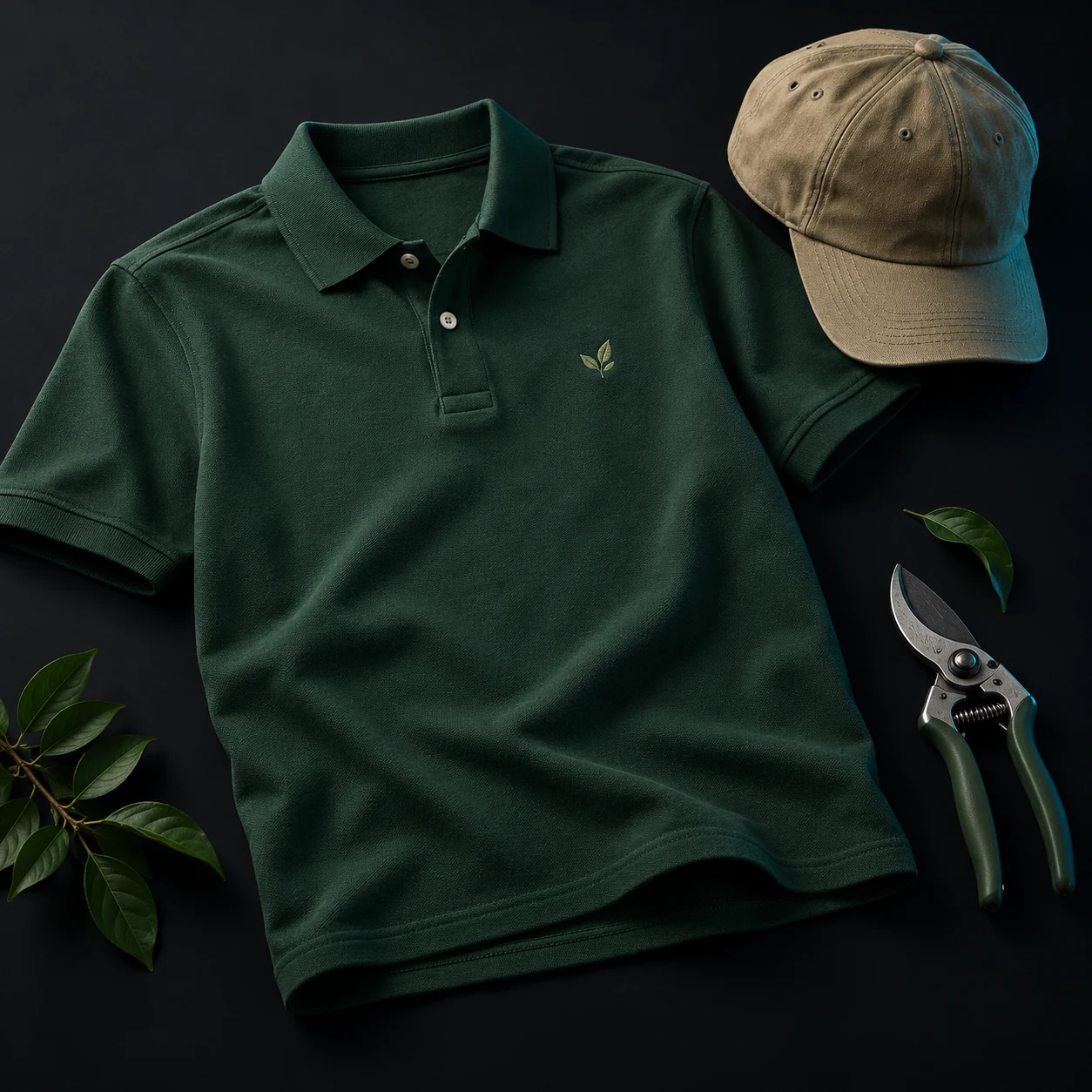 Green landscaping crew polo and cap — design concept